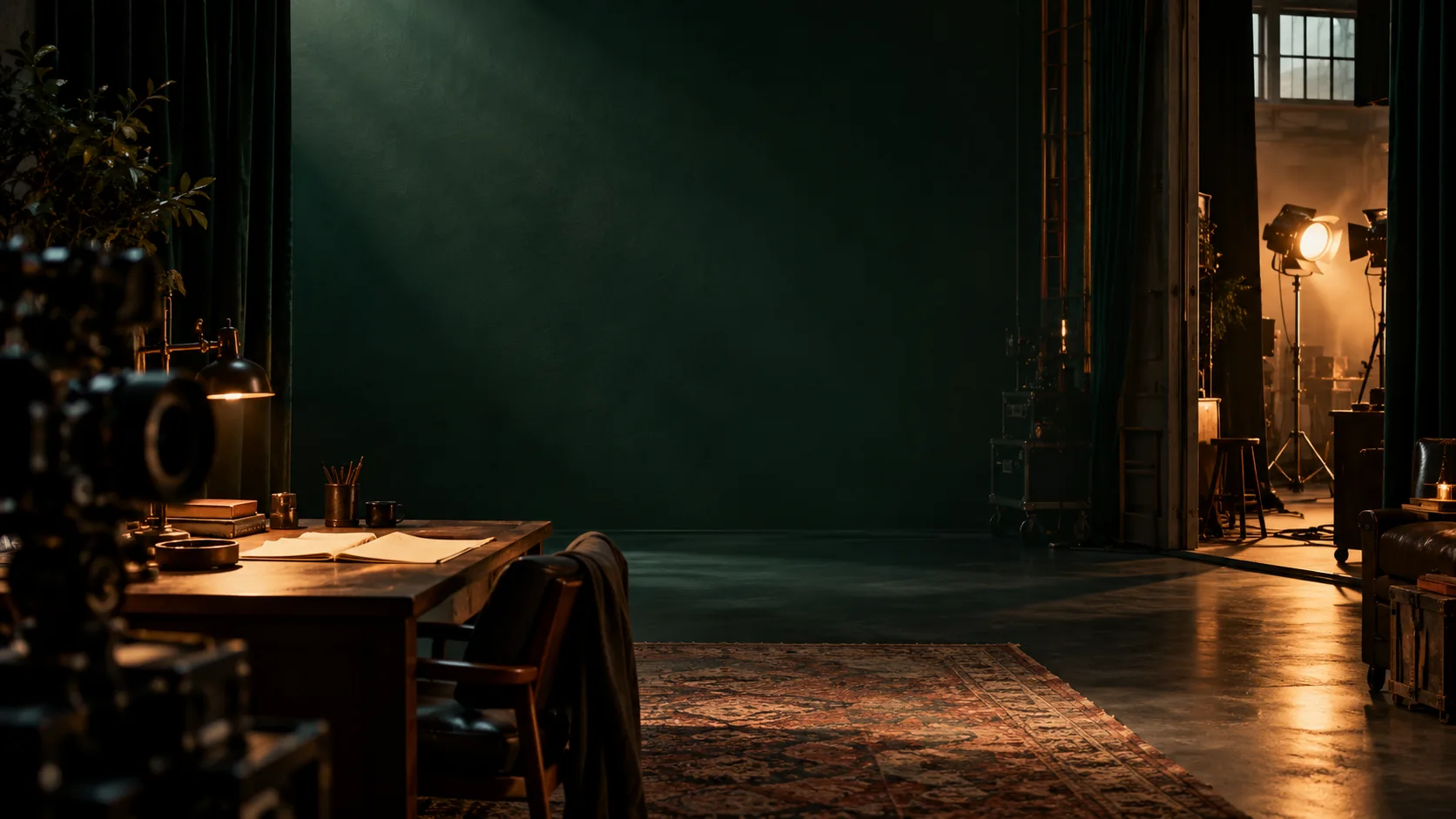 A screenplay desk beside a warmly lit film studio